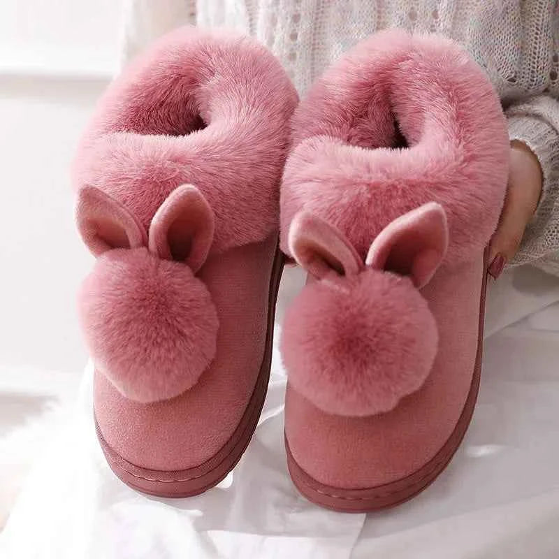 Fluffy Snow Boots Winter Warm Rabbit Ears Thick Bottom Cotton Shoes Anti Slip Solid Color light red B