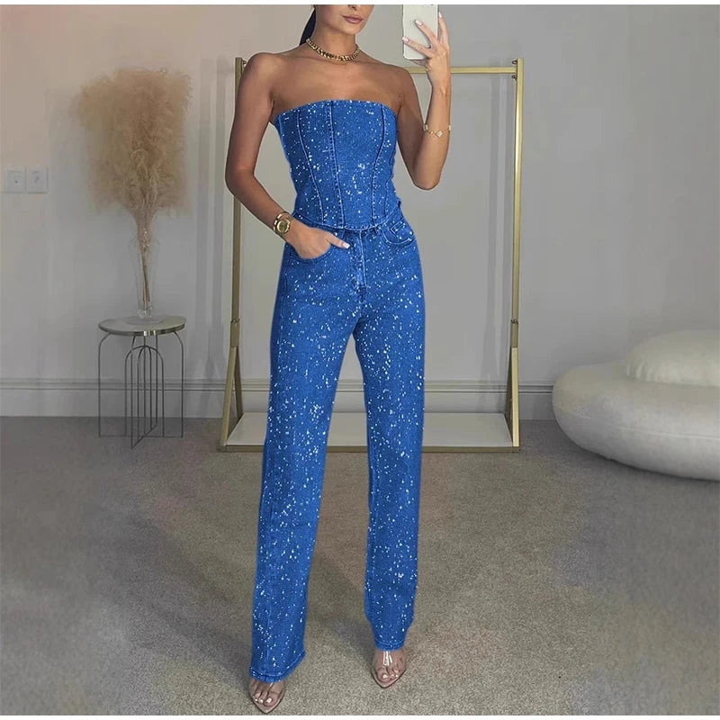Rhinestone Denim Set Corset Shaping Crop Top Matching Slim Fit Jeans Party Clubwear Nightclub Cowgirl Style