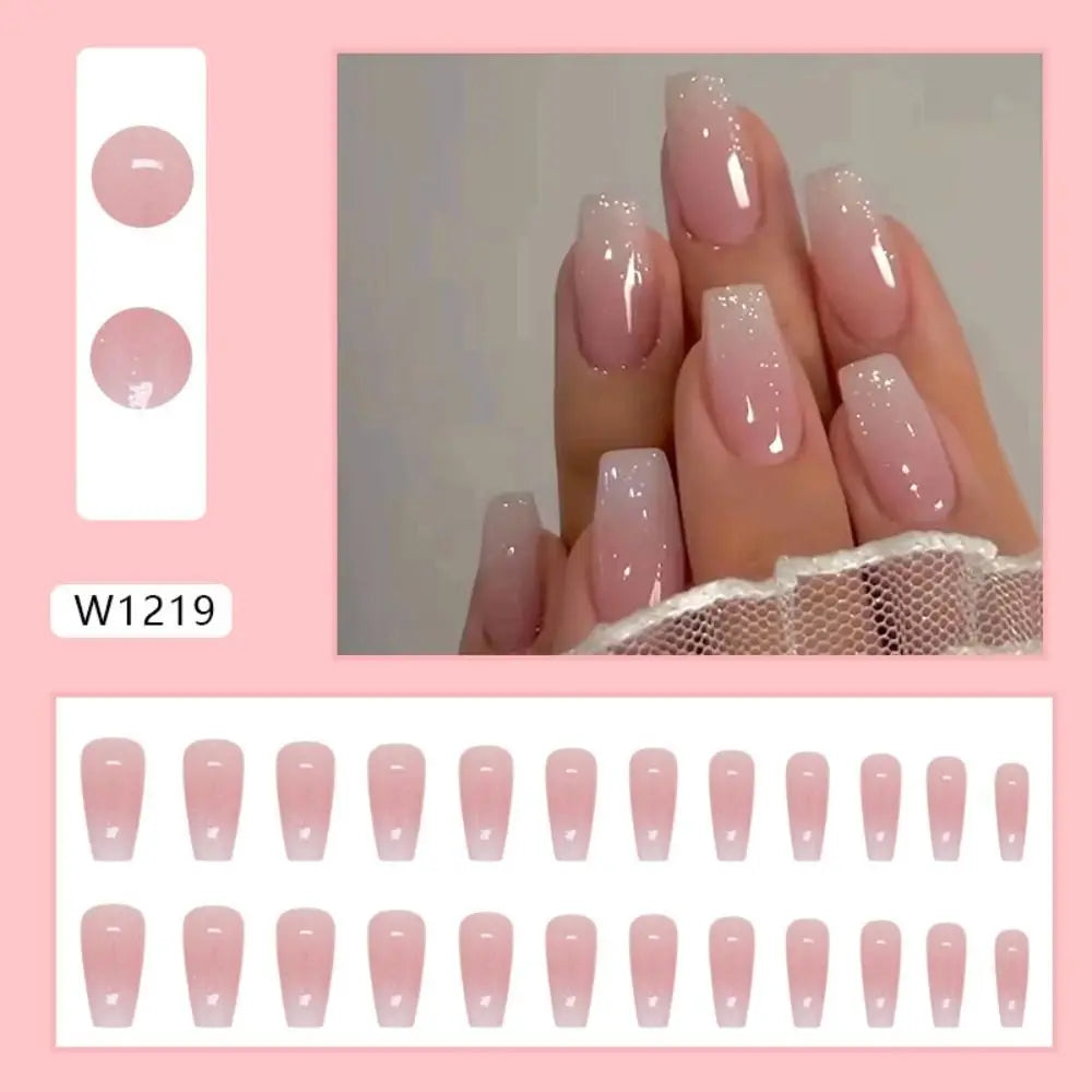 24pcs Gradient Fake Nails French Ballerina Nail Medium Coffin Press on Nails Tips AA6 AA5