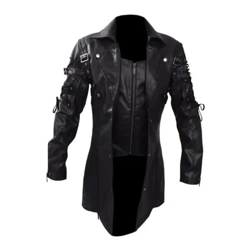 Men's Gothic Trench Coat Leather Punk Style Biker Jacket