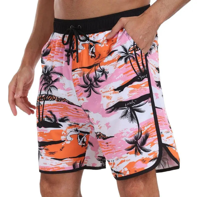 Men's Drawstring Printed Swimsuit Men Quick Dry Beach Trunks with Pockets and Lining