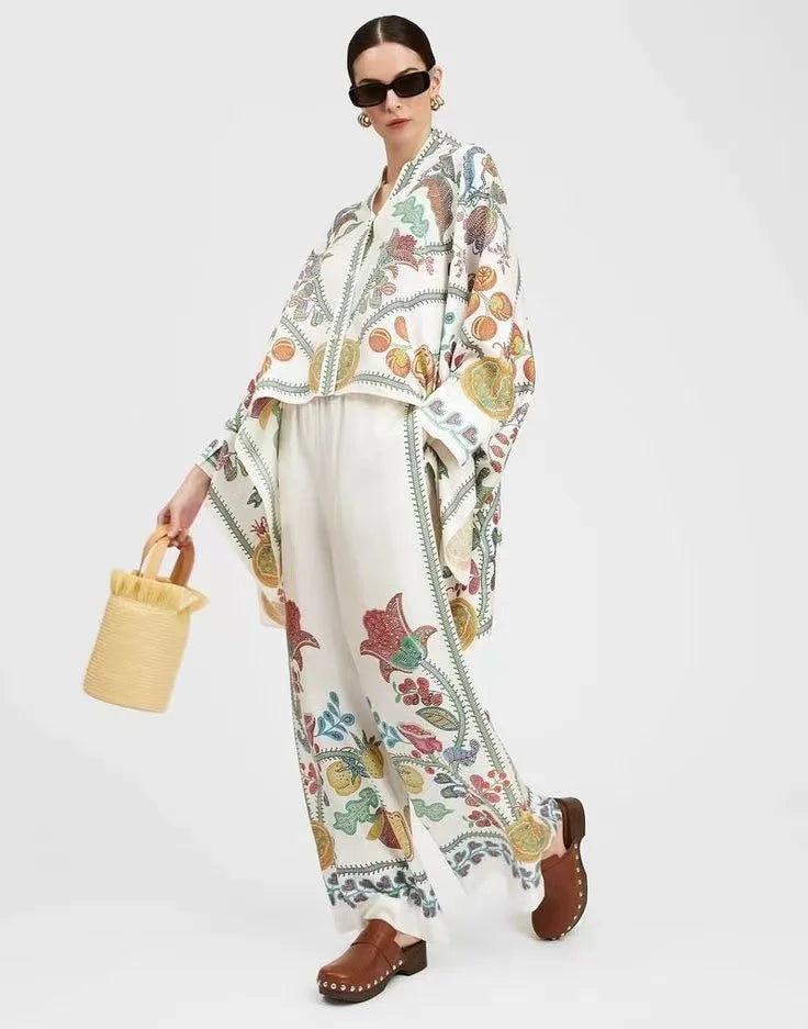 Vintage Print Pants Sets Women Irregular Loose Long Sleeve Shirt Wide Leg Trousers Two Piece Set Female Fashion Trend Streetwear