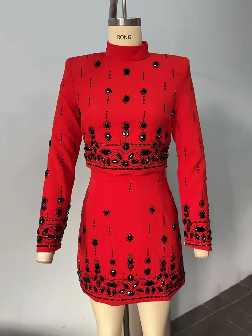 Long Sleeve Short Top and Mini Skirt Suit Outfit, Diamond Beaded Design,High Quality, 2 Pcs Set