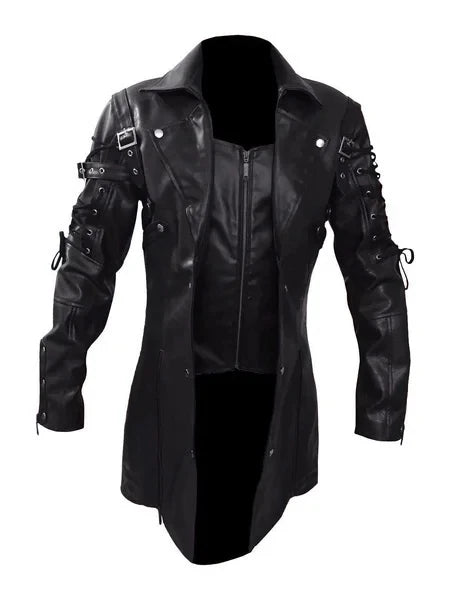 Men's Gothic Trench Coat Leather Punk Style Biker Jacket