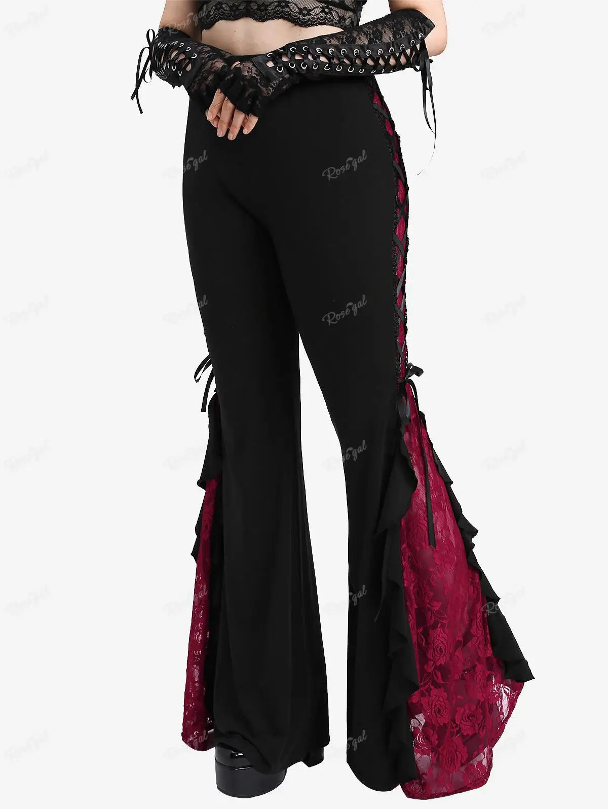 Gothic Lace Panel Lace-up Ruffle Flare Pants Elastic Waist Pull On Pant Colorblock Bell Bottom