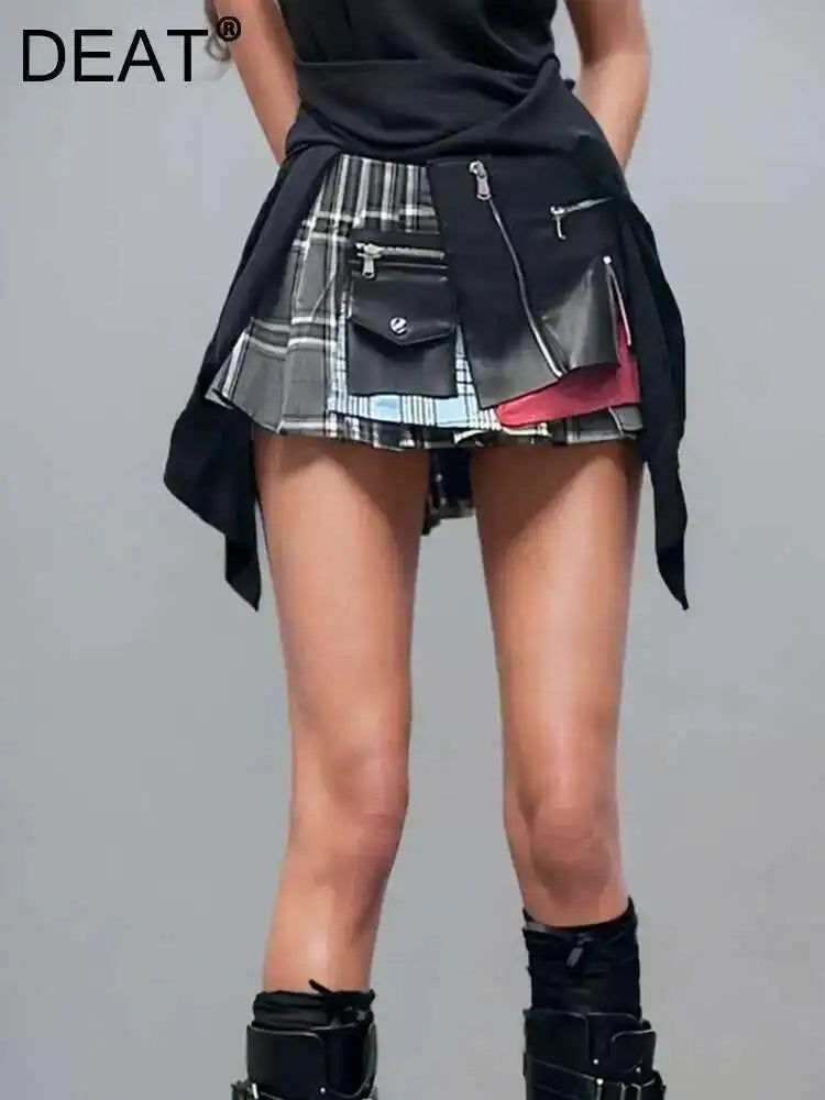 Women's Patchwork Plaid Design Pleated Mini Skirt High Waist A-line Skirt