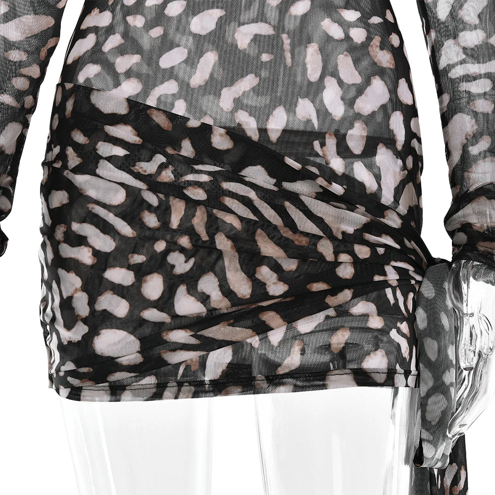 Fantoye Turtleneck Sheer Print Leopard Bandage Dress Long Sleeve Mini Slim Elegant Leopard / L Black / S Black / M Leopard / L-Black / S-Black / M-Leopard / S-Black / L-Leopard / M-
