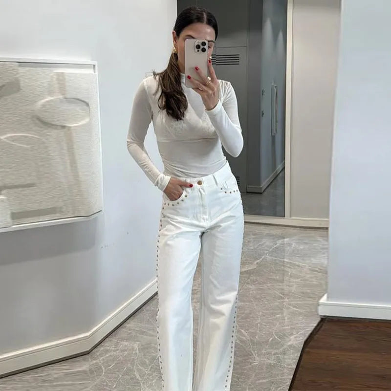 Metal Rivet Wide Leg Jeans Trousers Baggy Low Rise Pockets Denim
