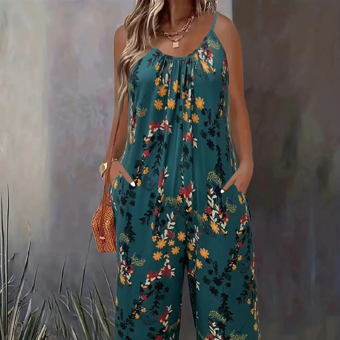 Plus-size floral print vacation style jumpsuit with pockets
