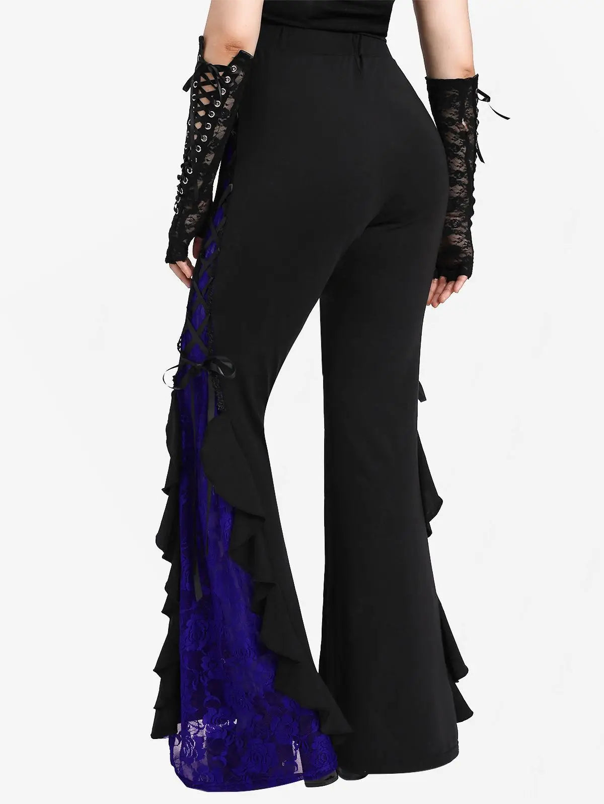 Gothic Lace Panel Lace-up Ruffle Flare Pants Elastic Waist Pull On Pant Colorblock Bell Bottom