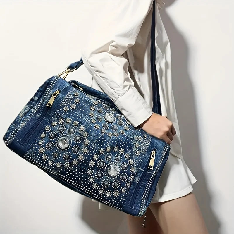 Gemstone inlaid elegant handbag, Boston bag, personalized street style