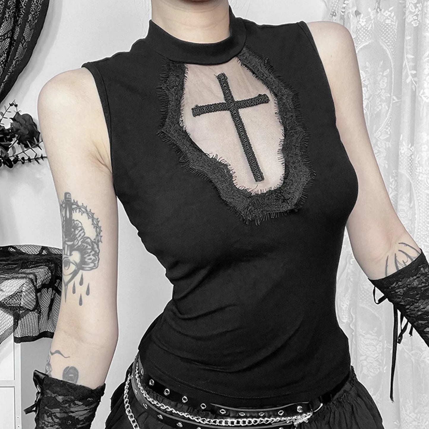 Goth Cross Print Lace Crop Top Camis Black Red Basic Corset Tank Black / S / United States Black / L / United States