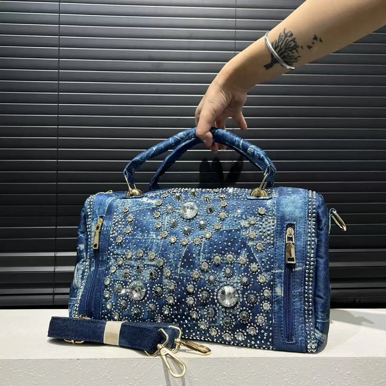 Gemstone inlaid elegant handbag, Boston bag, personalized street style
