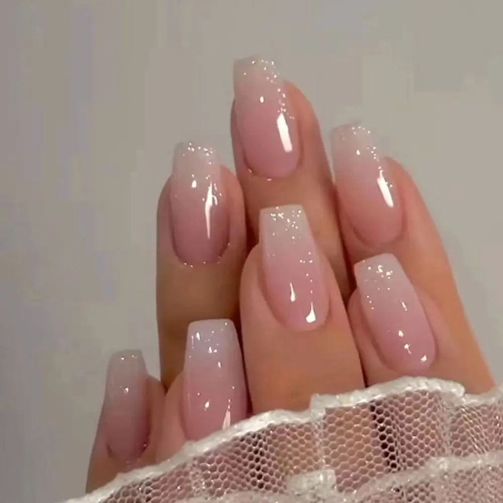 24pcs Gradient Fake Nails French Ballerina Nail Medium Coffin Press on Nails Tips AA6 AA5
