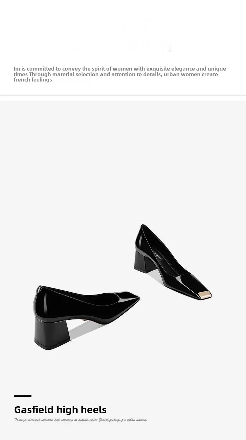 Ladies pumps chunky heels leather square head shallow mouth comfortable