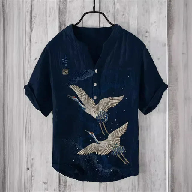 3D digital heat transfer animal landscape 3-button large size stand-up collar short-sleeved shirt