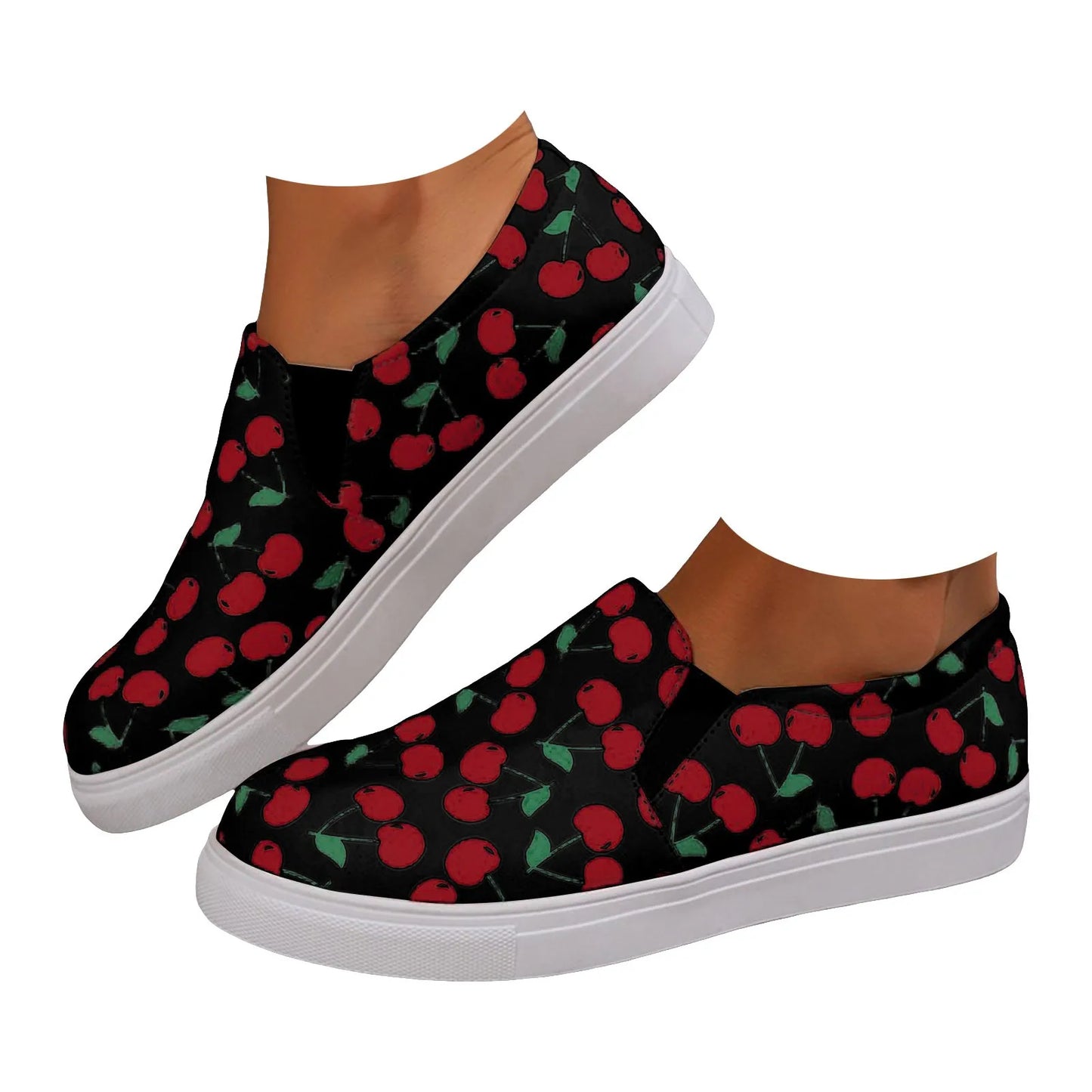 Ladies' Flat Casual Sports Shoes Cherry Printed Wide Width Close Fitting Black / 36 / United States White / 36 / United States