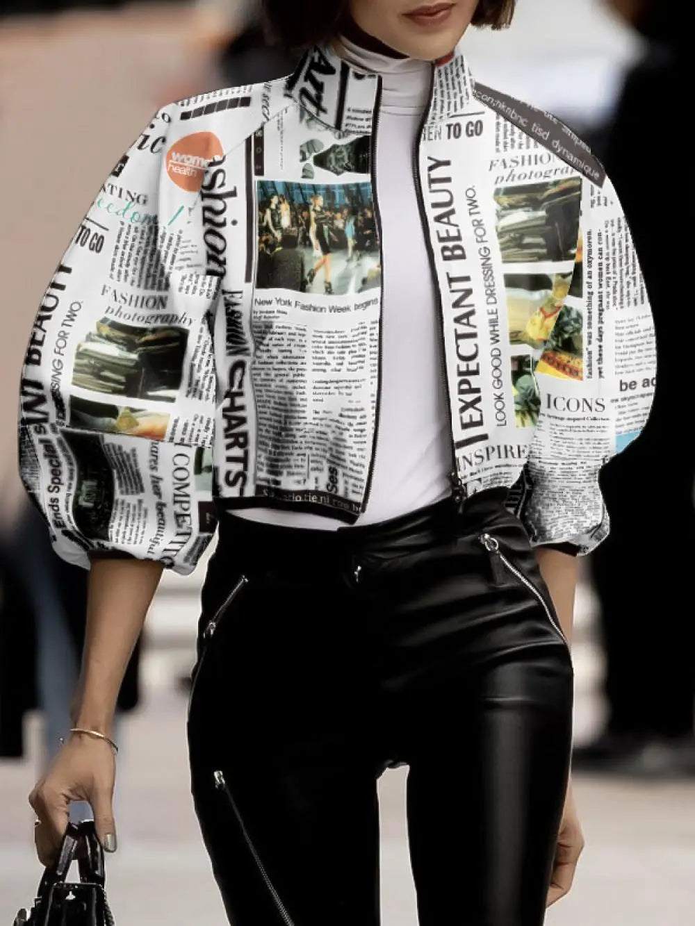 Loose Puff Sleeves Letter Print Stand Collar Jacket Causal Going Out Outerwear For Women
