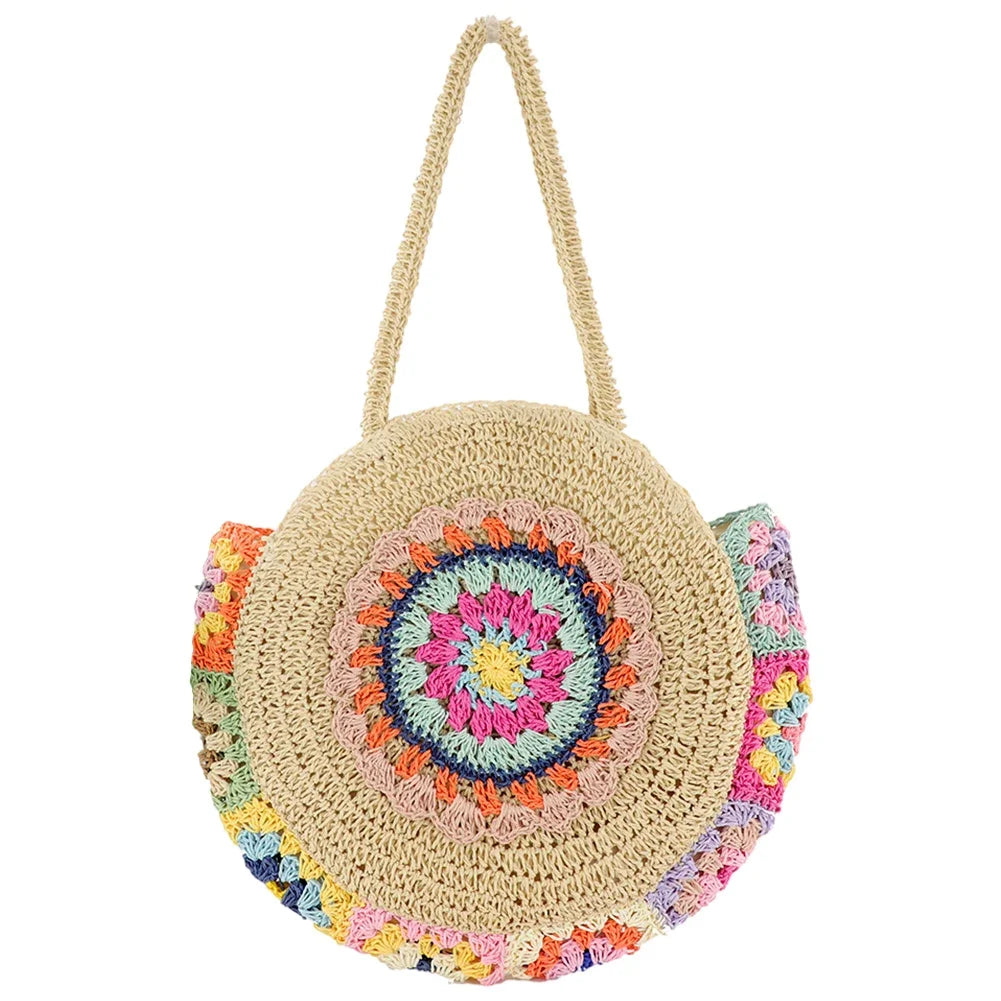 Woven Handbag Round Straw Woven Tote Bag Vacation Shoulder Bag Large Capacity