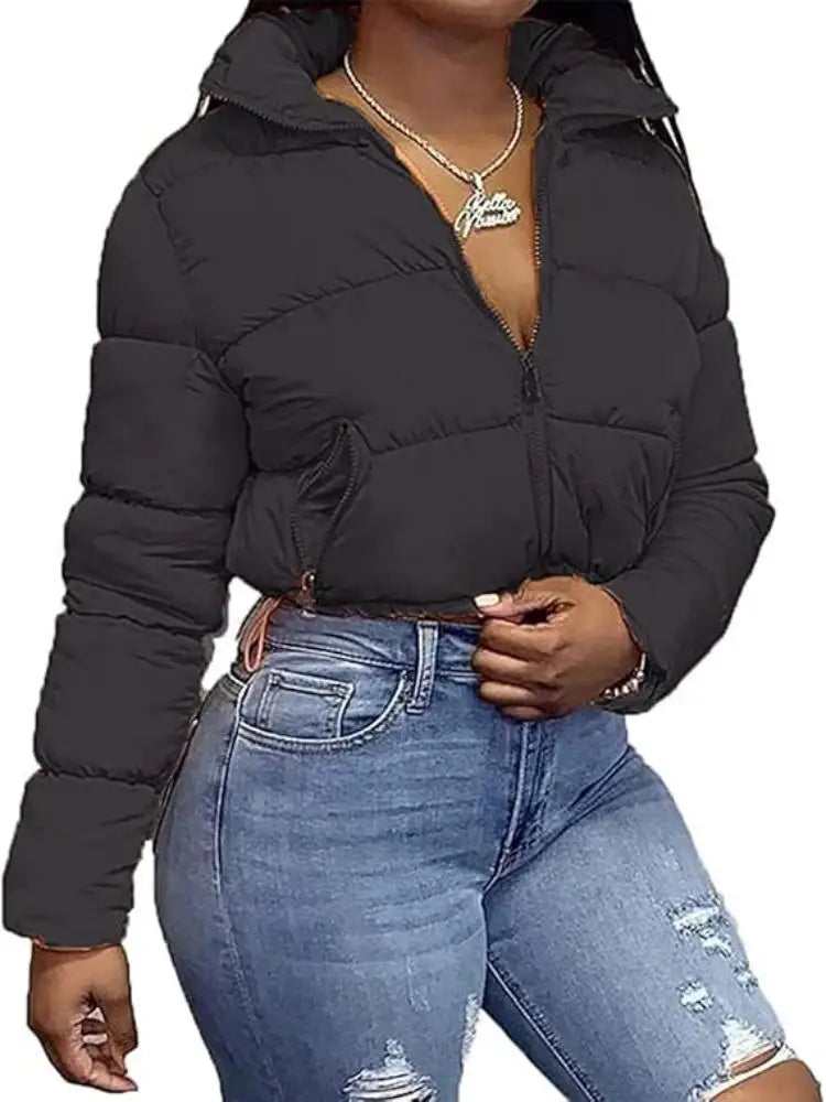 Women's Winter Cropped Puffer Jacket Long Sleeve Full Zip Lightweight Warm Quilted Down Coats