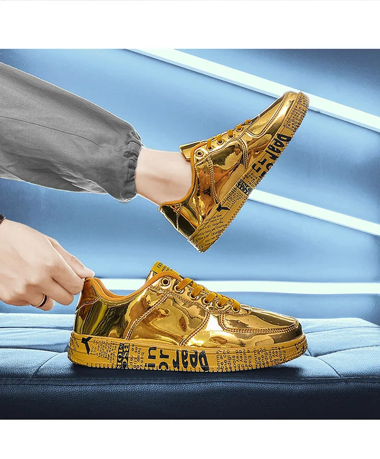 Brand Fashion Mirror Luxury Shoes for Men Women Glitter Leather Shoes Casual Men Golden