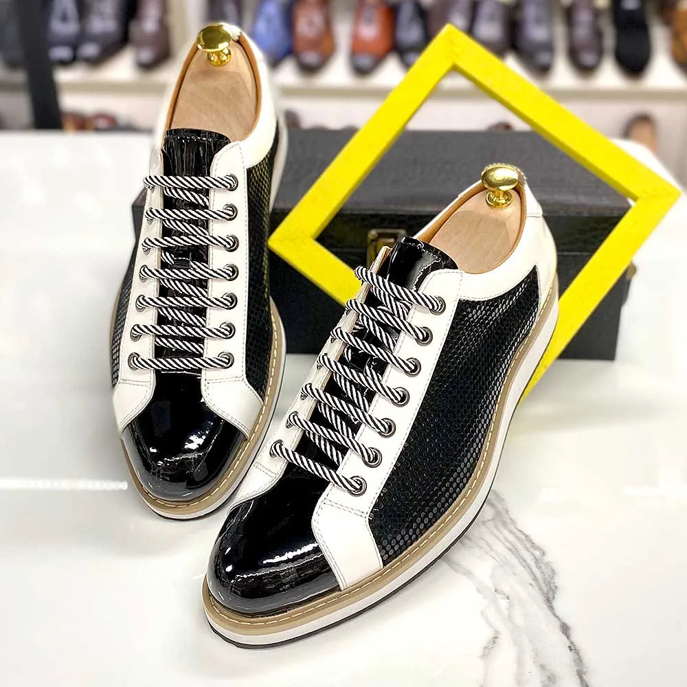 Luxury Brand Large Size Men's Flat Sneakers 6 to 13 Patent Leather Lace-up Black White Casual Shoes for Men