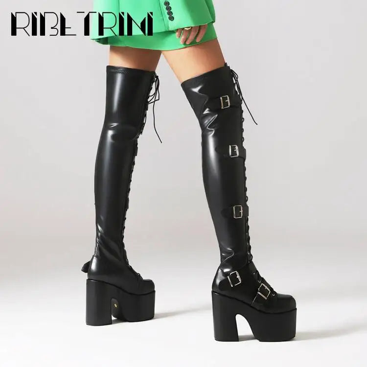 Goth Women Motorcycle Boots Block High Heels Platform Cool Street Boots