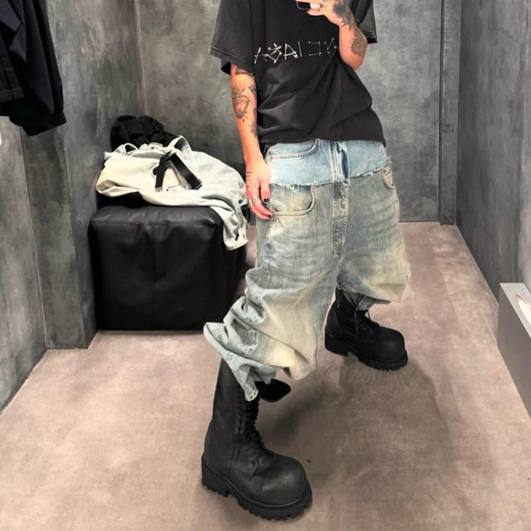 CUT-UP Double-layer Double Waist Patchwork Baggy Jeans for Men and Women Straight Casual Loose