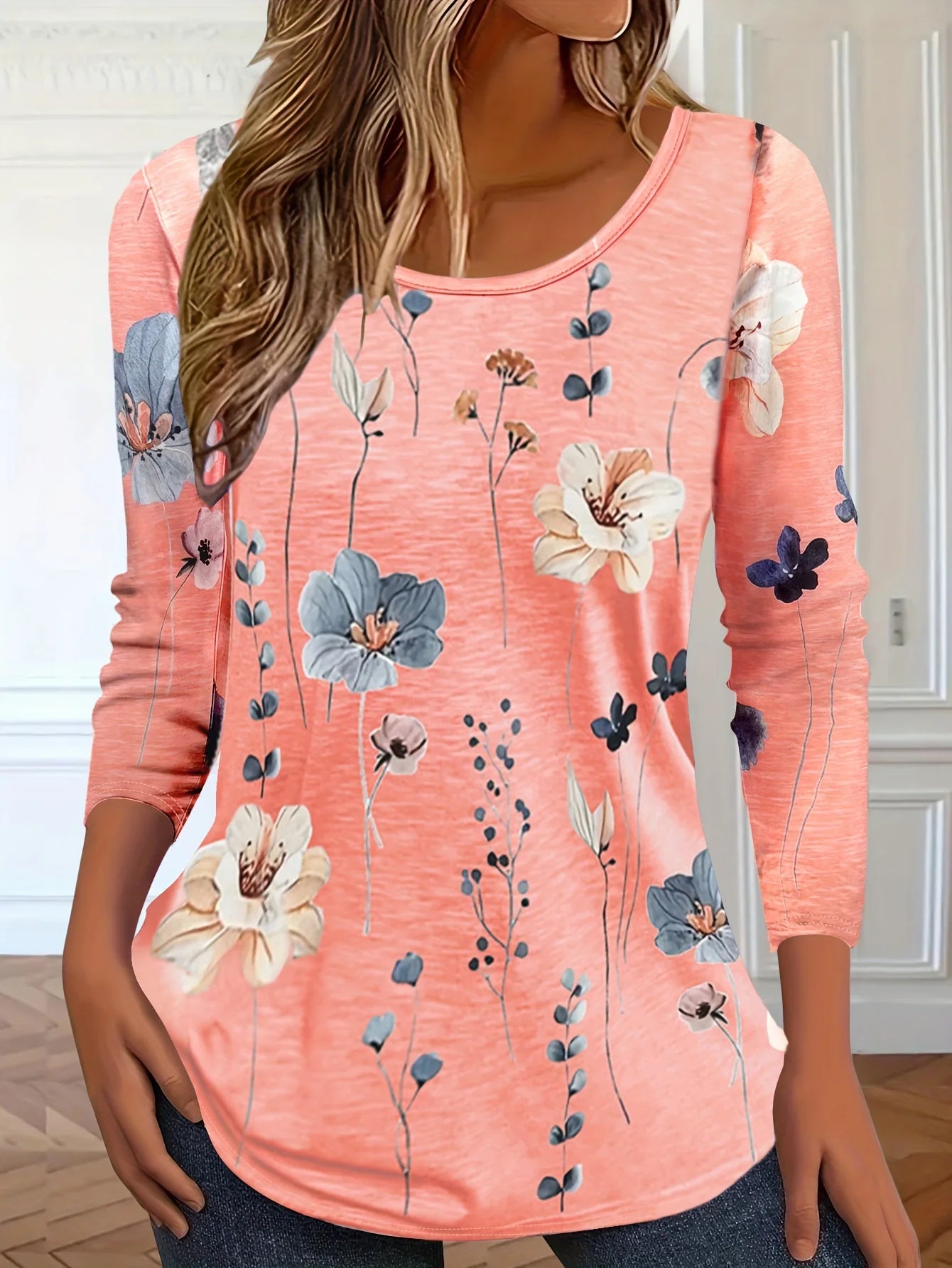 Vibrant Floral 3D Print O-Neck Long Sleeve T-Shirt Casual y2k