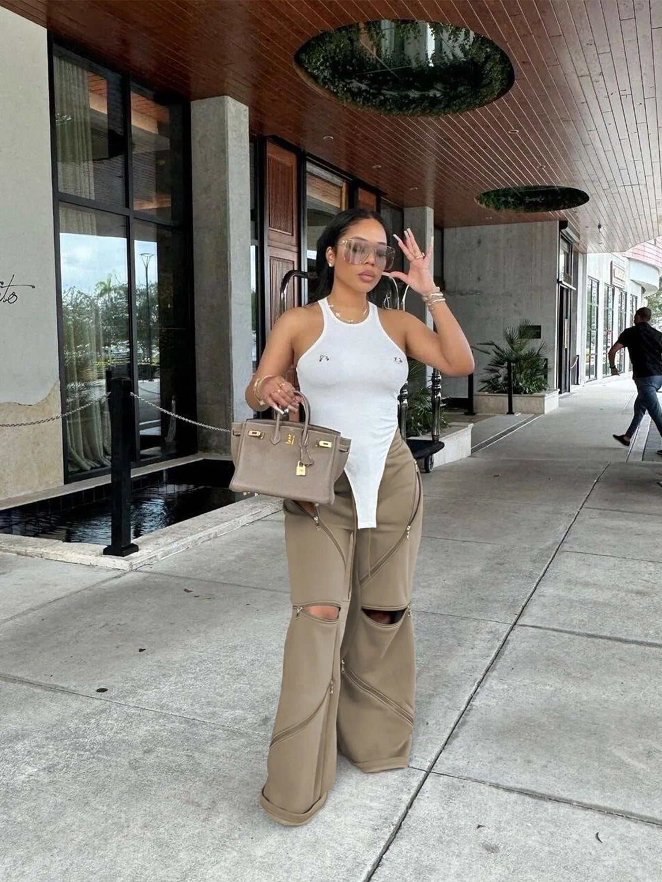 Basic Zipper Adjust Hole Women Wide Leg Loose Joggers Pants Fall Winter Active Loose Sporty Sweatpants