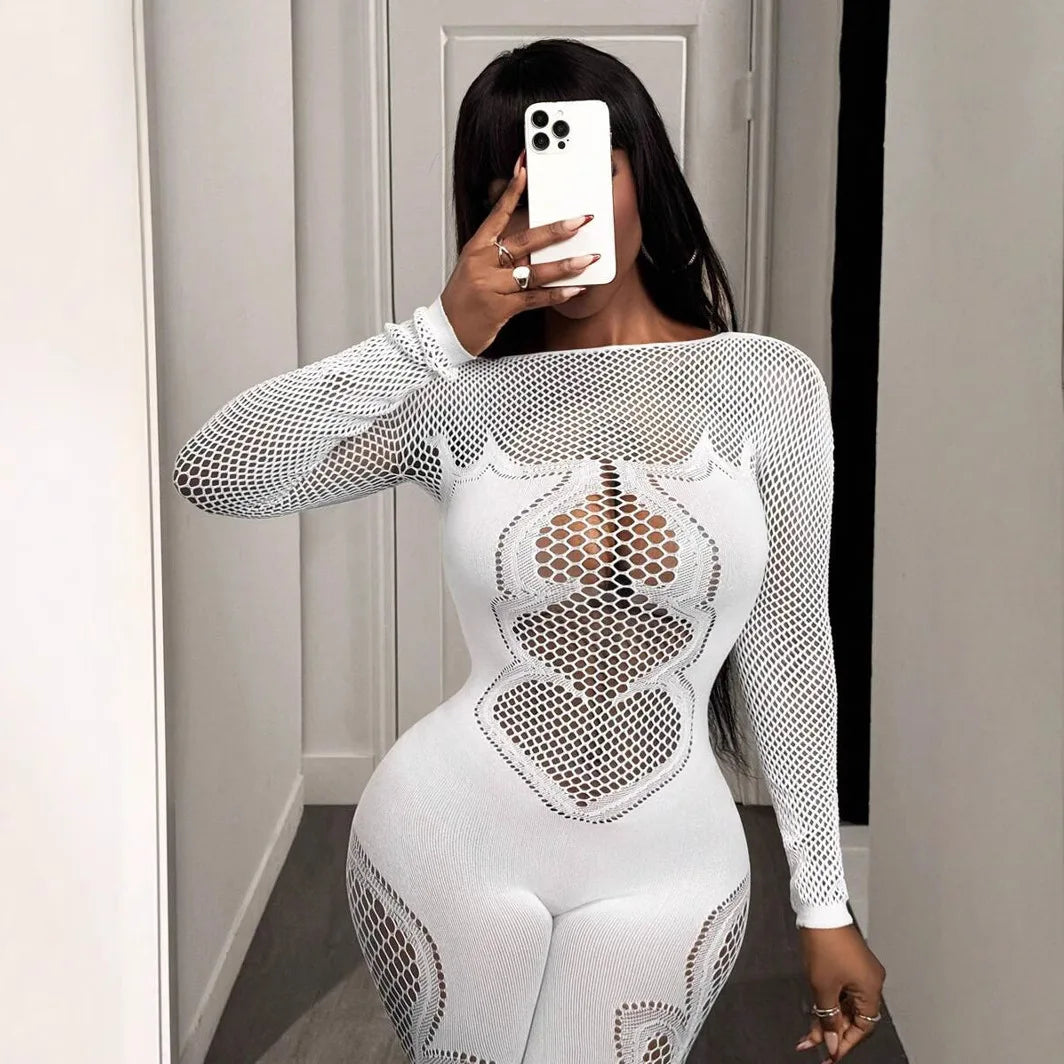 CM.YAYA 2025 O-neck Full Sleeve Women Mesh Hollow Out Jumpsuits Casual Night Club Sexystreet Sexy Perspective Outfits Rompers
