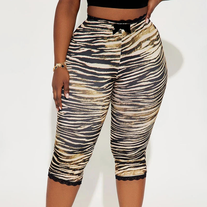 Lace Edge Bow Decoration Leopard Print Slim Seven Pants Summer