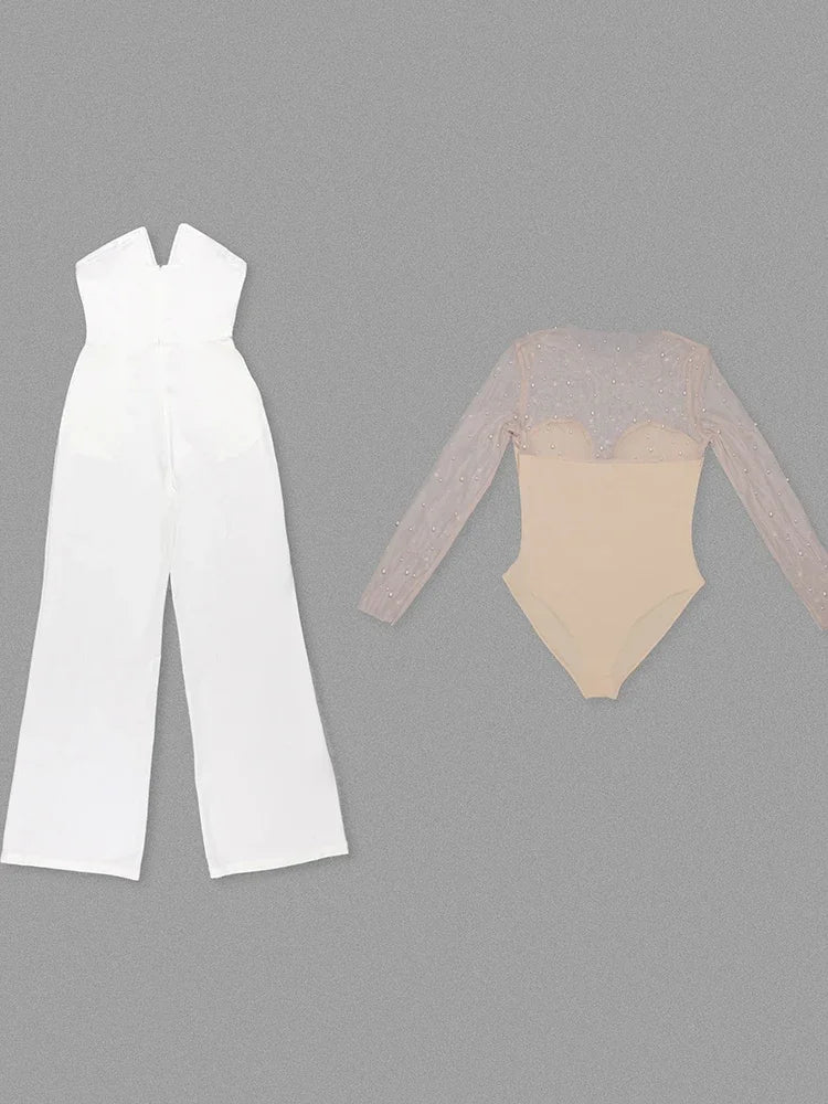 Mesh Pearl Beaded Bodysuits+Strapless Jumpsuit Two piece Sets Women White Jumpsuit Suits Evening
