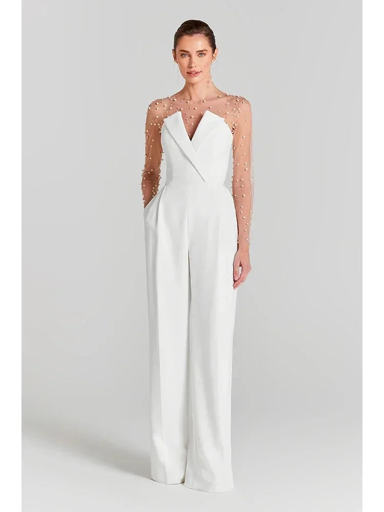 Mesh Pearl Beaded Bodysuits+Strapless Jumpsuit Two piece Sets Women White Jumpsuit Suits Evening