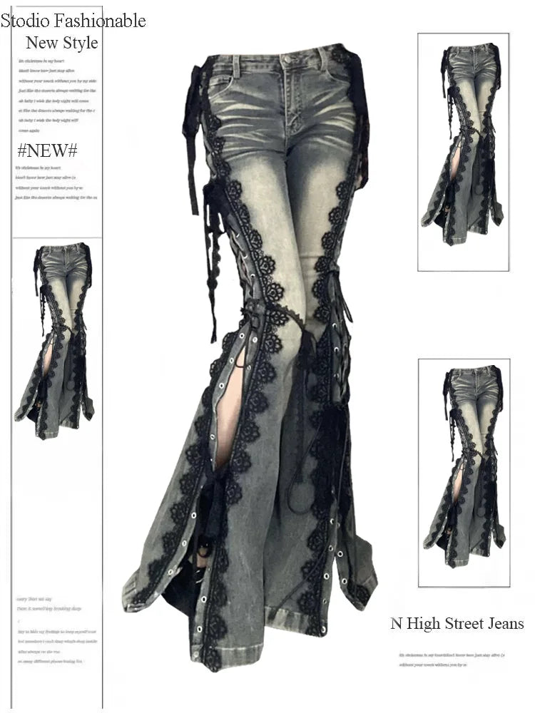 Low Rise Split Bootcut Pants Women Spring Eyelets Lace Up Flare Stitch Lace Slim Bell Bottoms