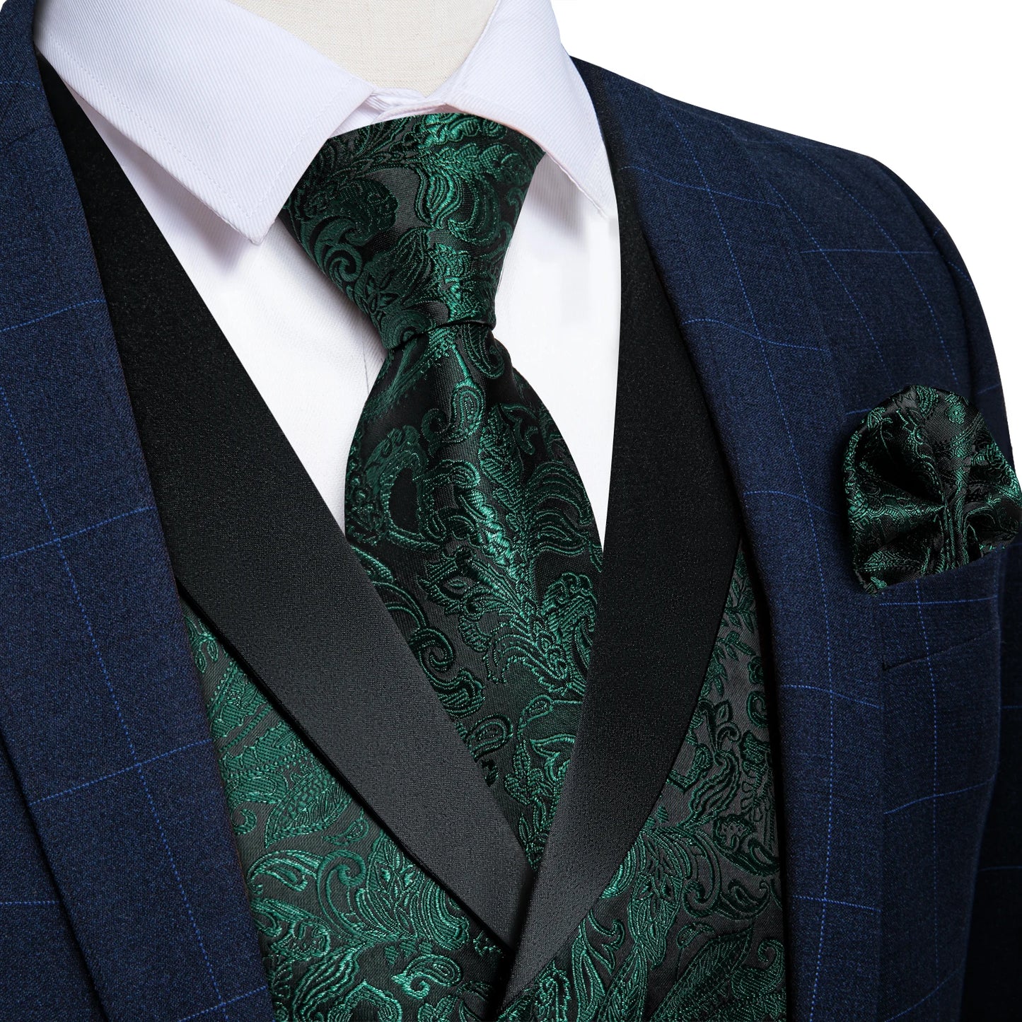 Men's Paisley Silk Suit Vest with Macthing Golden Paisley Neck Tie Handkerchief Cufflinks Wedding Prom Tuxedo Waistcoat