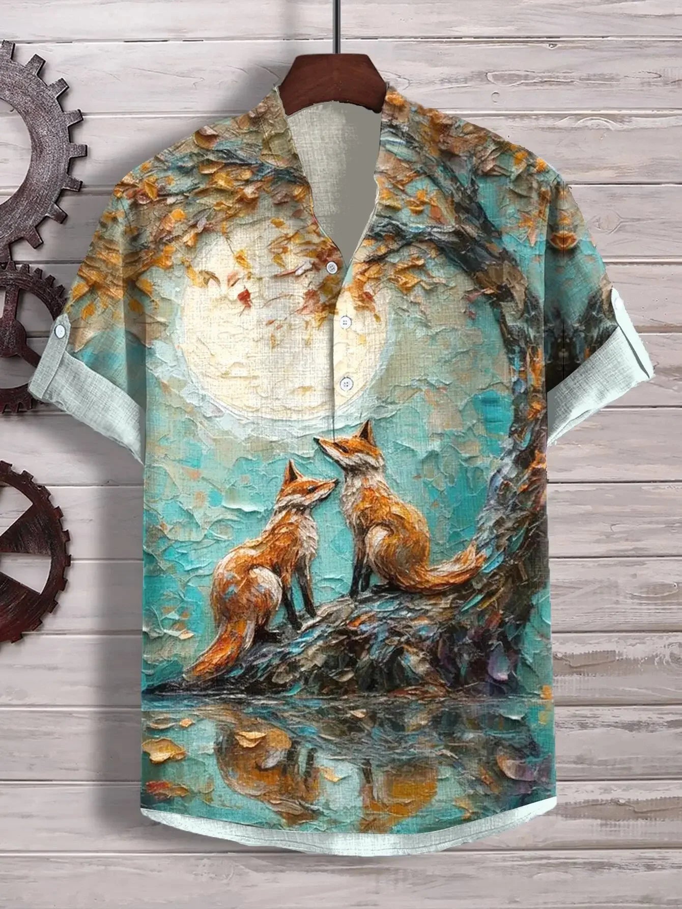 3D digital heat transfer animal landscape 3-button large size stand-up collar short-sleeved shirt
