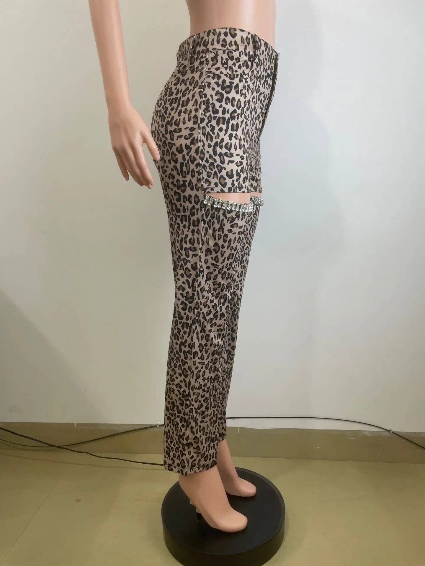 Cutout Diamonds Crystal Hollow Out Straight Pants Leopard Print High Waist Wide Leg