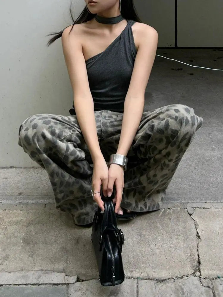 American Vintage Washed Leopard Print Wide Leg Jeans Baggy Jeans Hip Hop Hot Girls Y2k Trousers