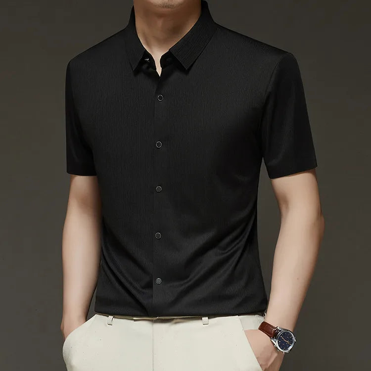 Men's Slim Fit Short Sleeve Dress Shirt Premium Spandex Stretch Fabric Solid Colors Business Casual