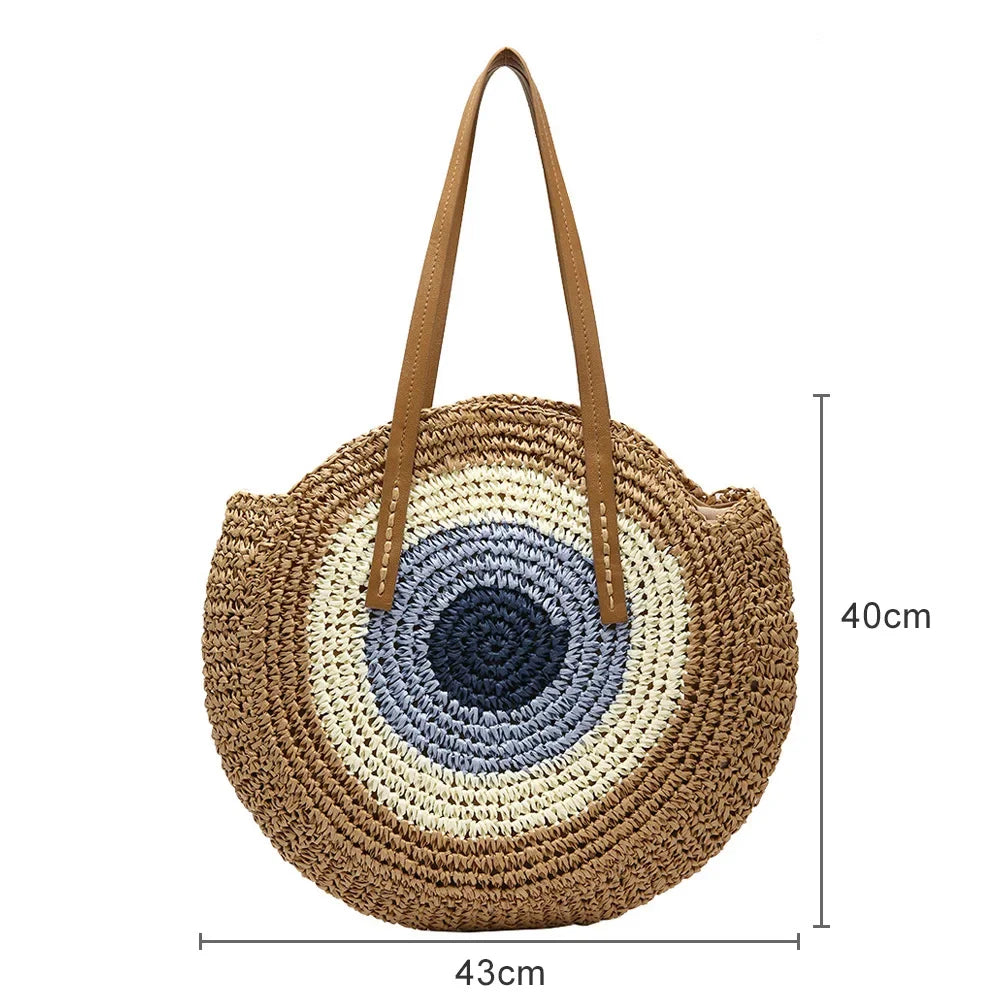 Woven Handbag Round Straw Woven Tote Bag Vacation Shoulder Bag Large Capacity