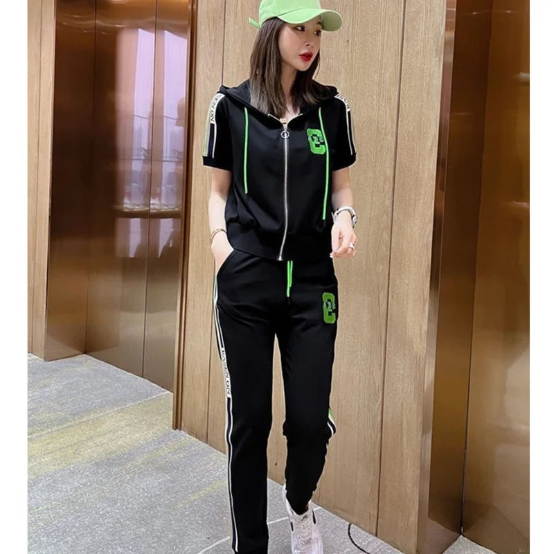 Women's Fashion Tracksuit Casual Suit Short Sleeve Hooded Top Pants Two Piece Set For Women