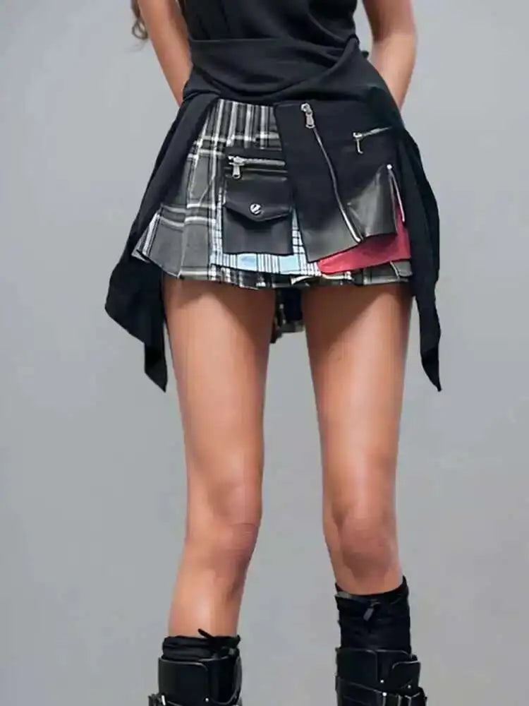 Women's Patchwork Plaid Design Pleated Mini Skirt High Waist A-line Skirt