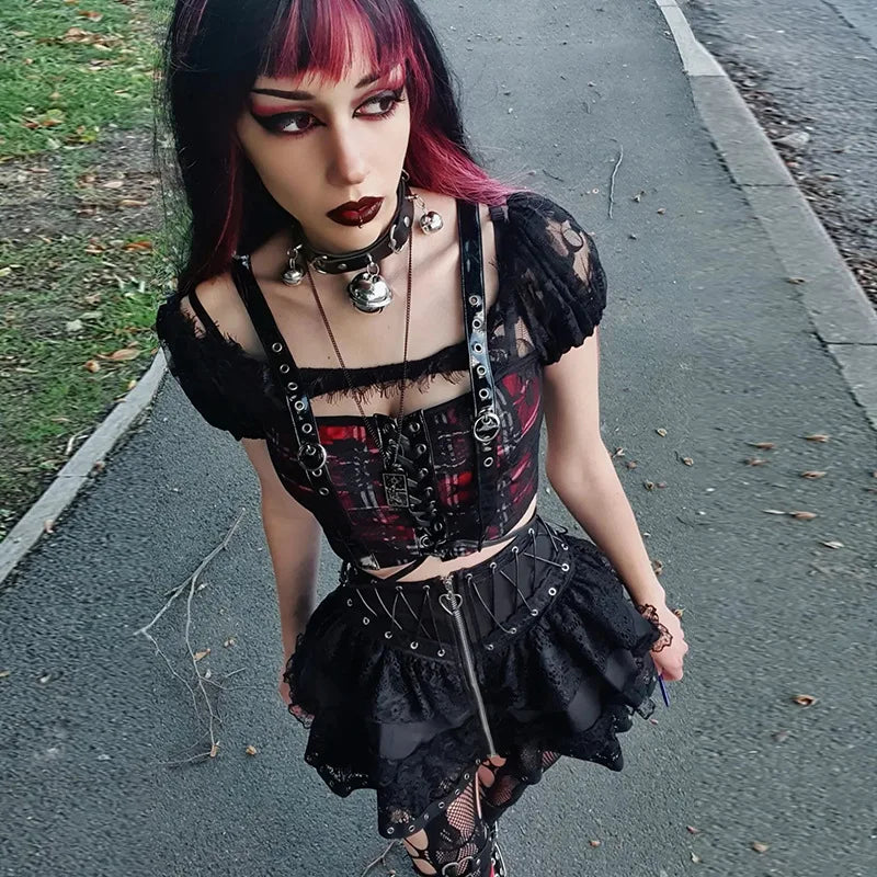 Women's Punk Vintage High Wasit Skirt Zipper Front Black Gothic Cosplay Mini Skirts