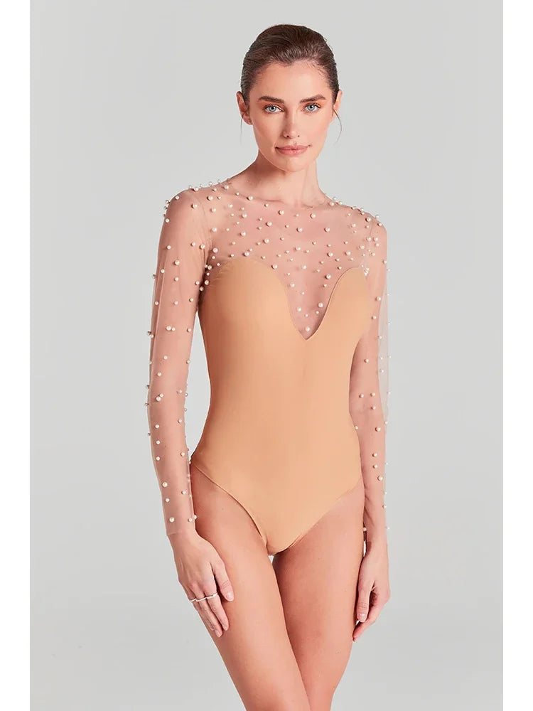 Mesh Pearl Beaded Bodysuits+Strapless Jumpsuit Two piece Sets Women White Jumpsuit Suits Evening