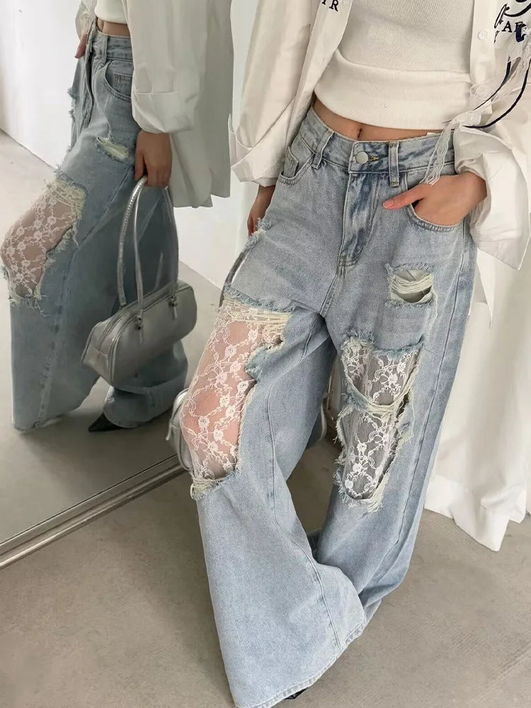 American Style Hottie Hole Lace Spliced Jeans for Women Y2k Fashion High Waist Loose Wide Leg Pants