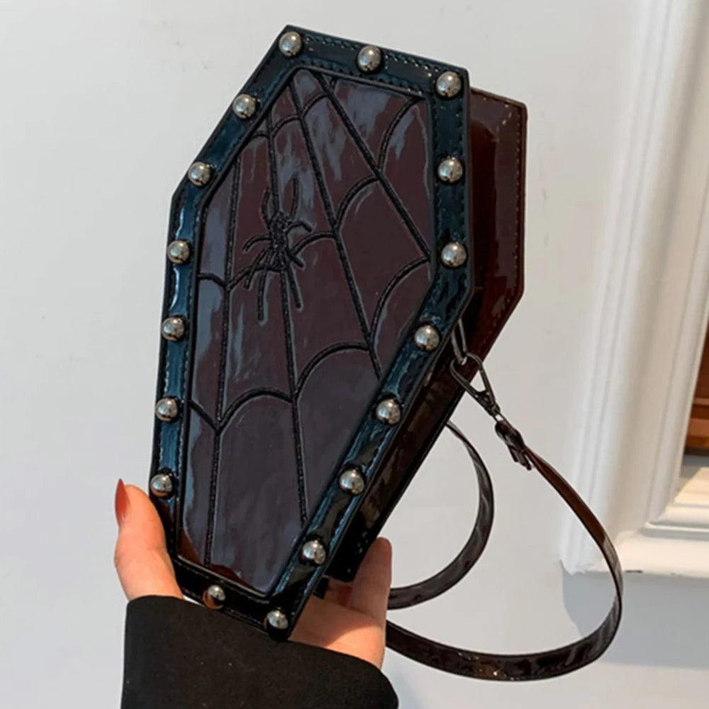 Women Coffin Satchel Purse Cartoon Gothic Coin Purse Strap Adjustable Casual Spider Coffin Bag