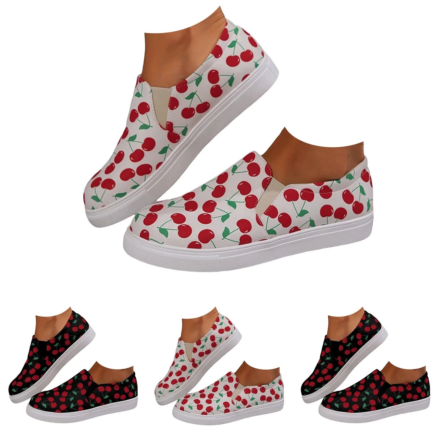 Ladies' Flat Casual Sports Shoes Cherry Printed Wide Width Close Fitting Black / 36 / United States White / 36 / United States