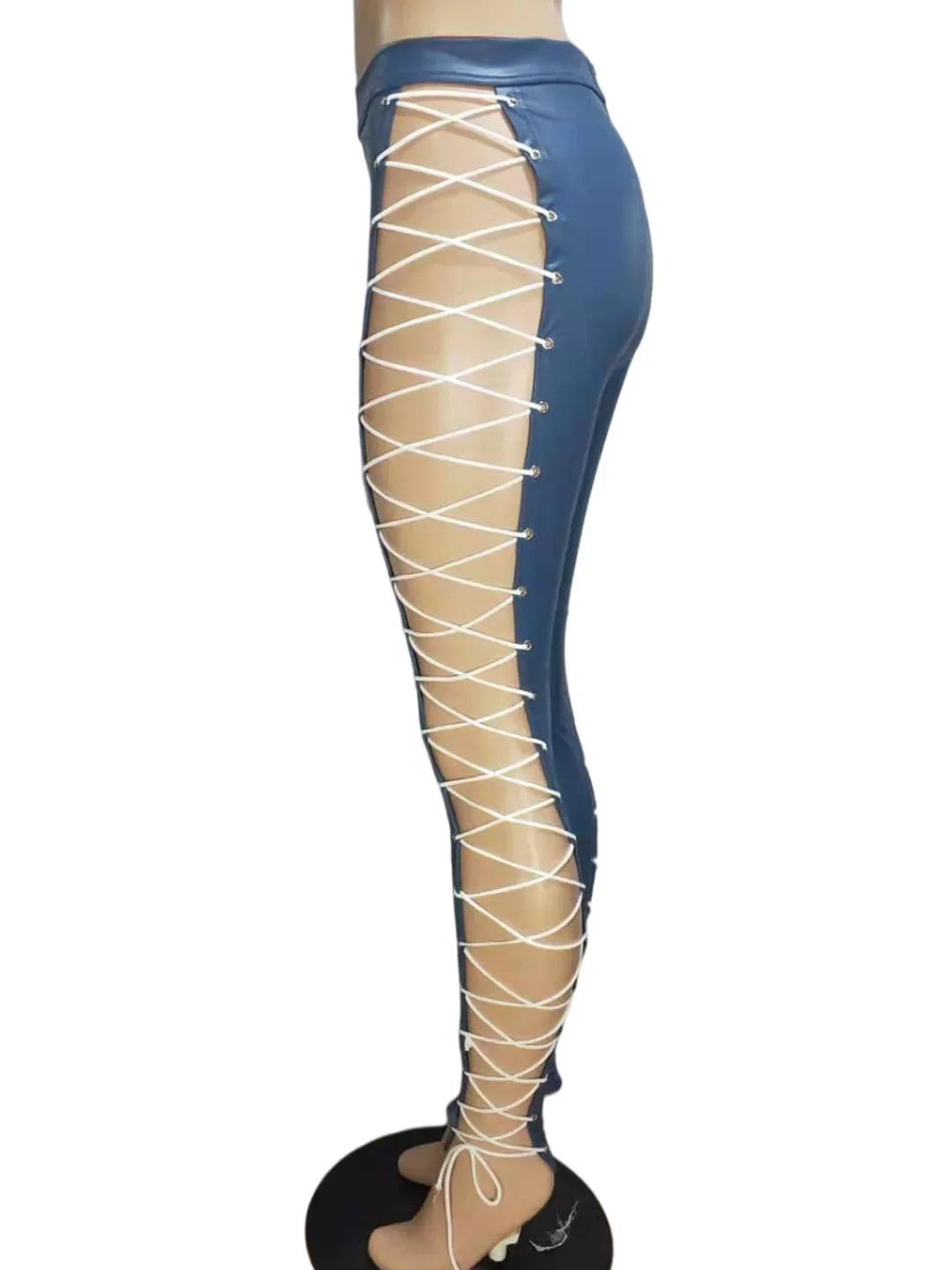 Women's Lace Up PU Leather Pants Chic High Waist Hollow Out Drawstring Bandage Cut Out Faux Leather Trousers