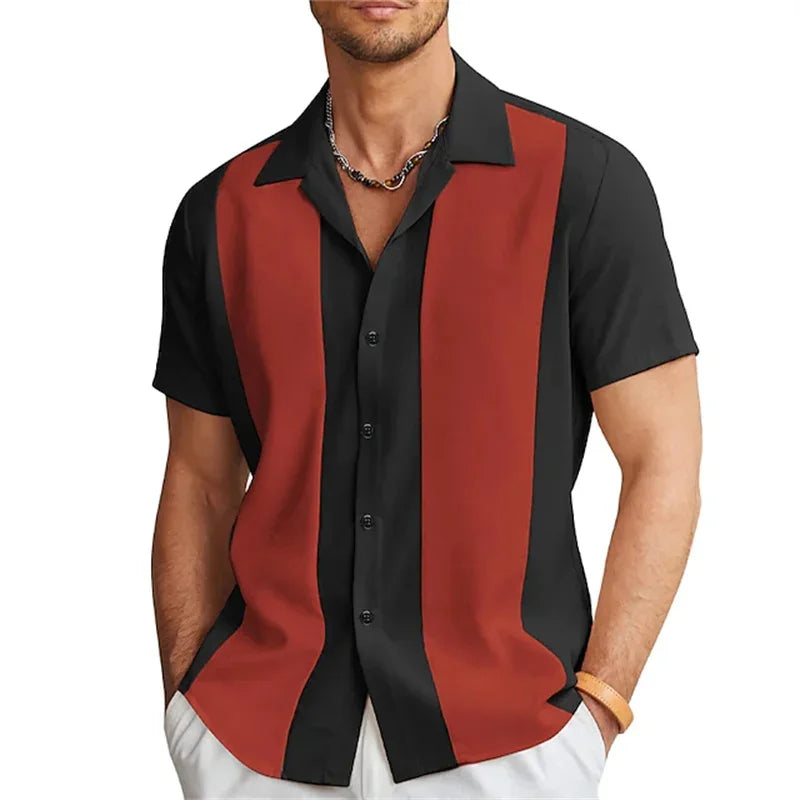 Bowling Shirts Button-Down Shirts Summer Casual Red Short Sleeve Color Block Lapel Street Wear Fashion
